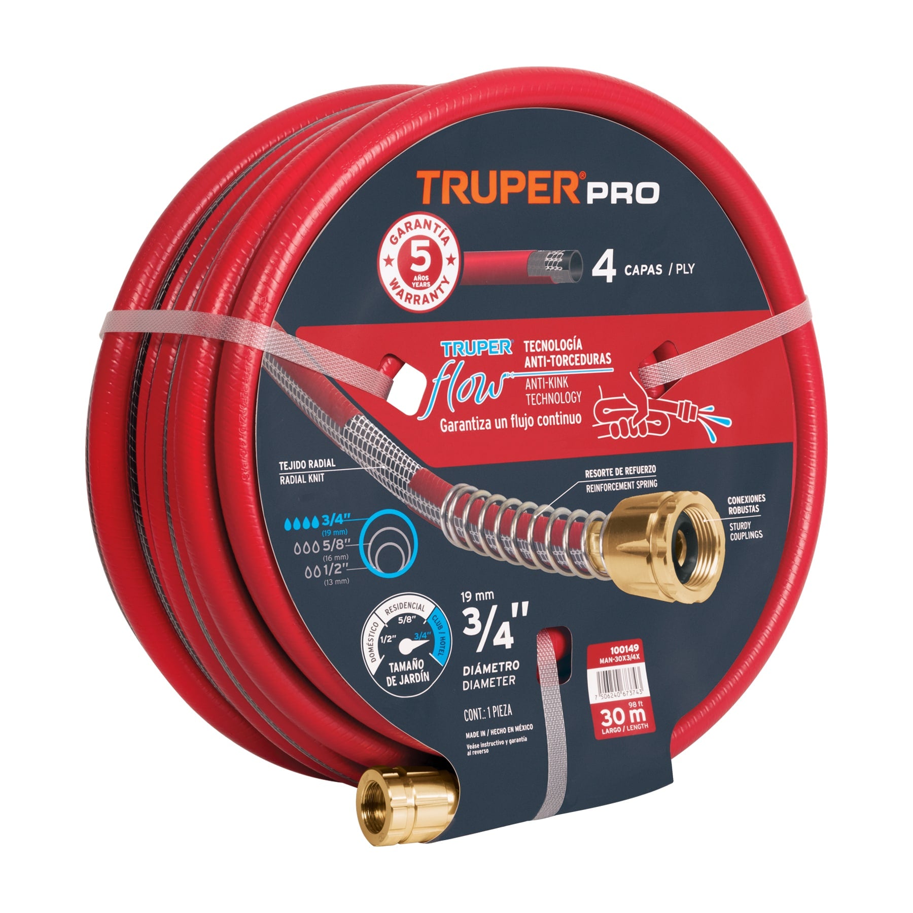 Manguera 3/4 super reforzada 4 capas conexiones metal 30m MAN-30X3/4X 100149
