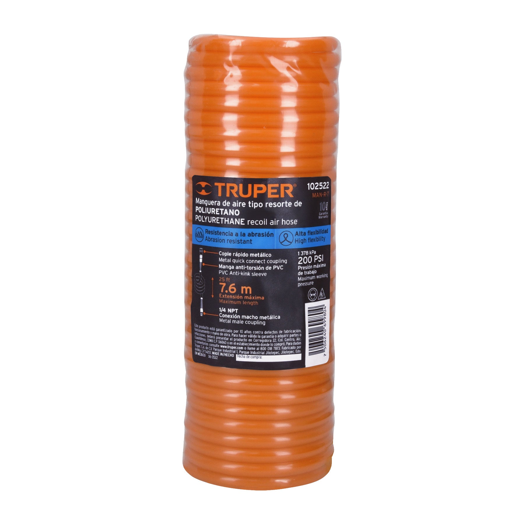 Manguera tipo resorte para compresor, 7.6 m x 1/4, Truper MAN-R-7 Truper 102522