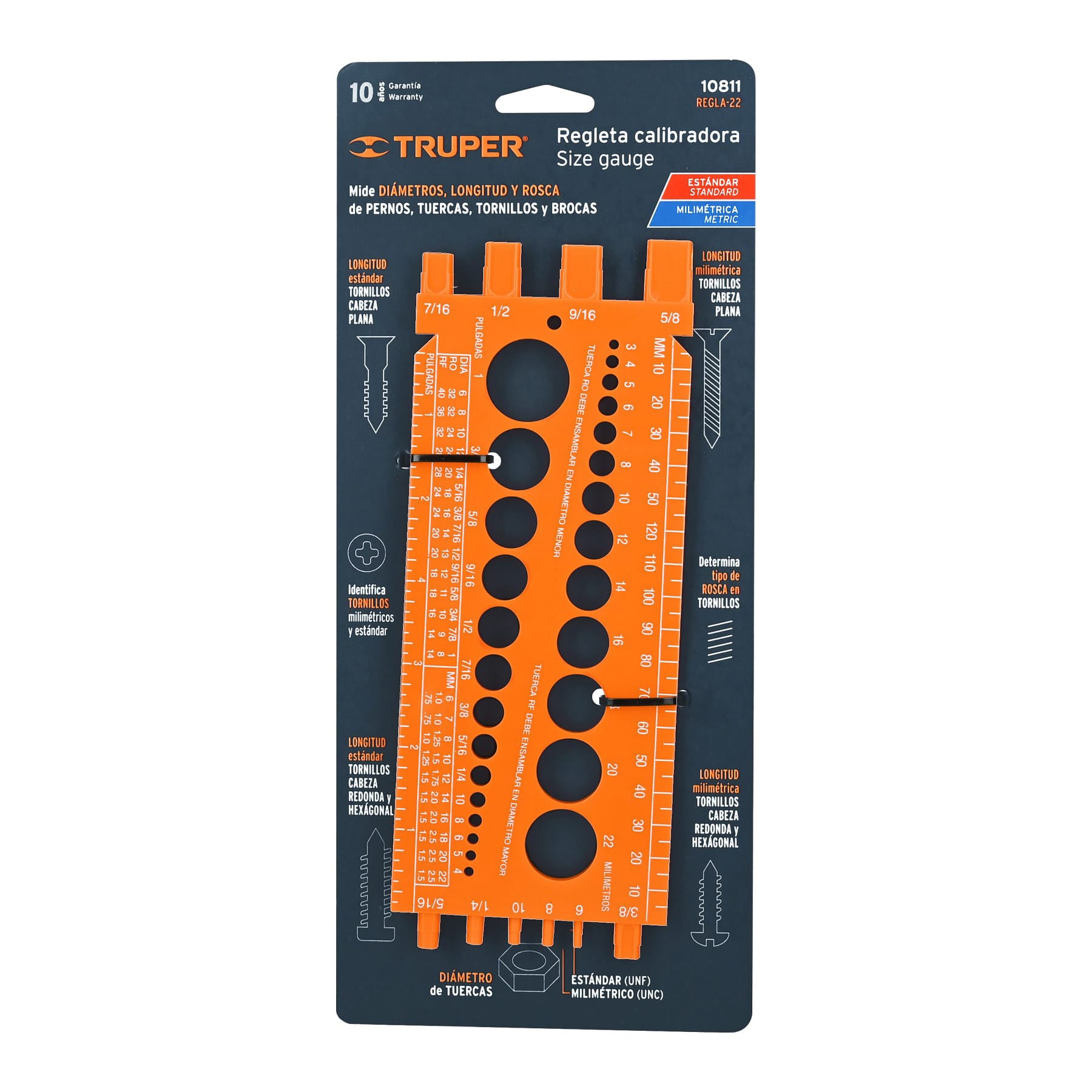 Regleta medidora de tuercas y tornillos, 22 cm, Regla-22 Truper 10811