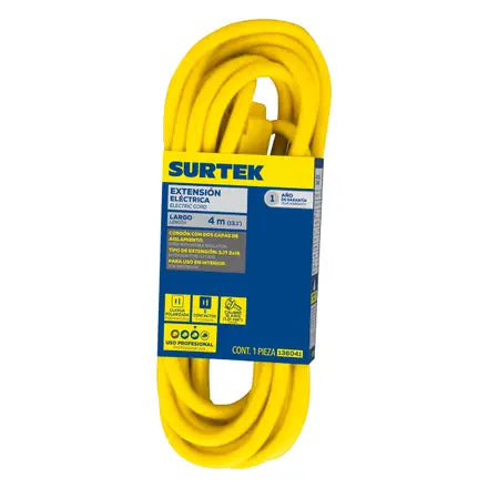 Extension electrica uso rudo polarizada color amarillo, 4 m Surtek 136041