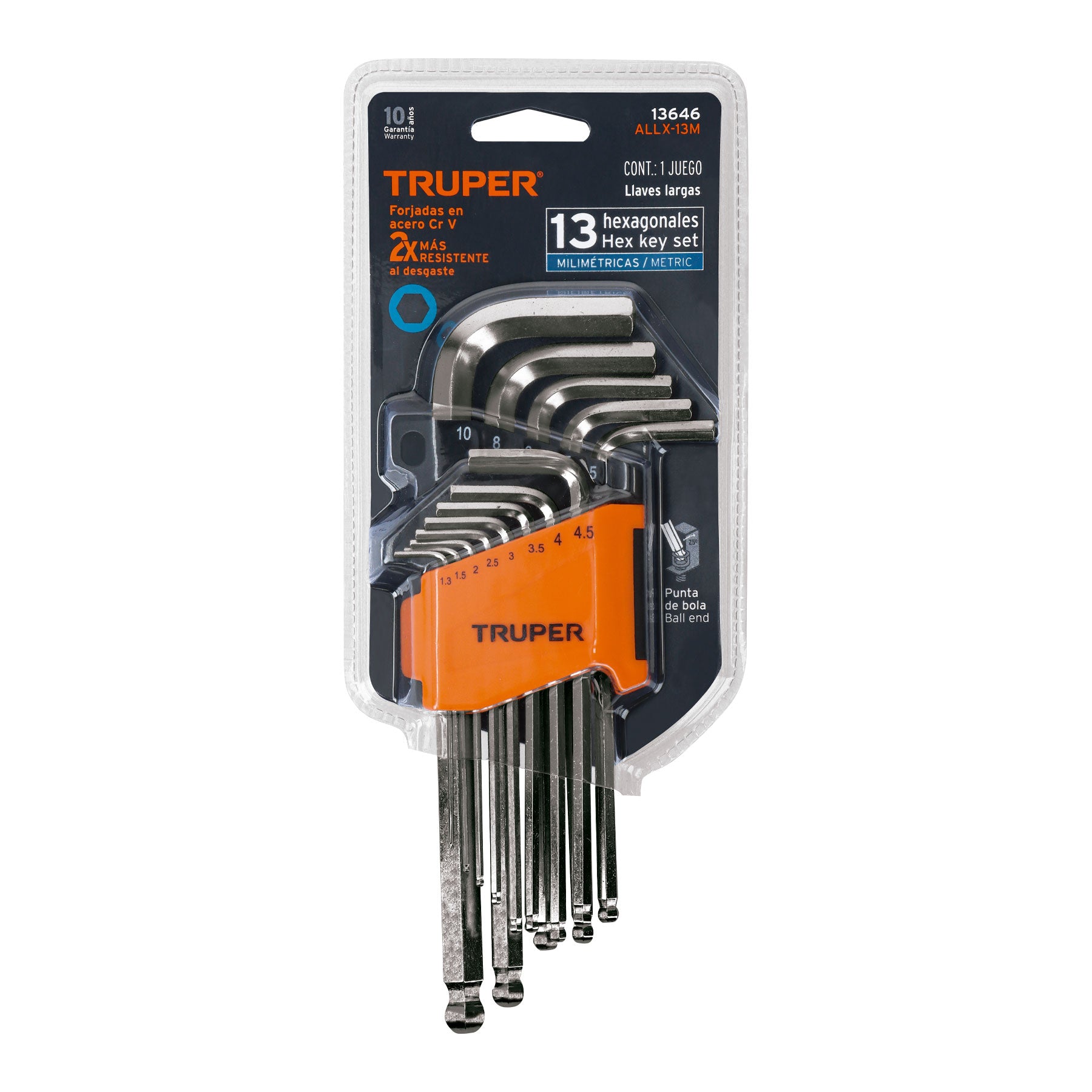 Juego 13 llaves allen largas mm punta bola con organizador, ALLX-13M Truper 13646