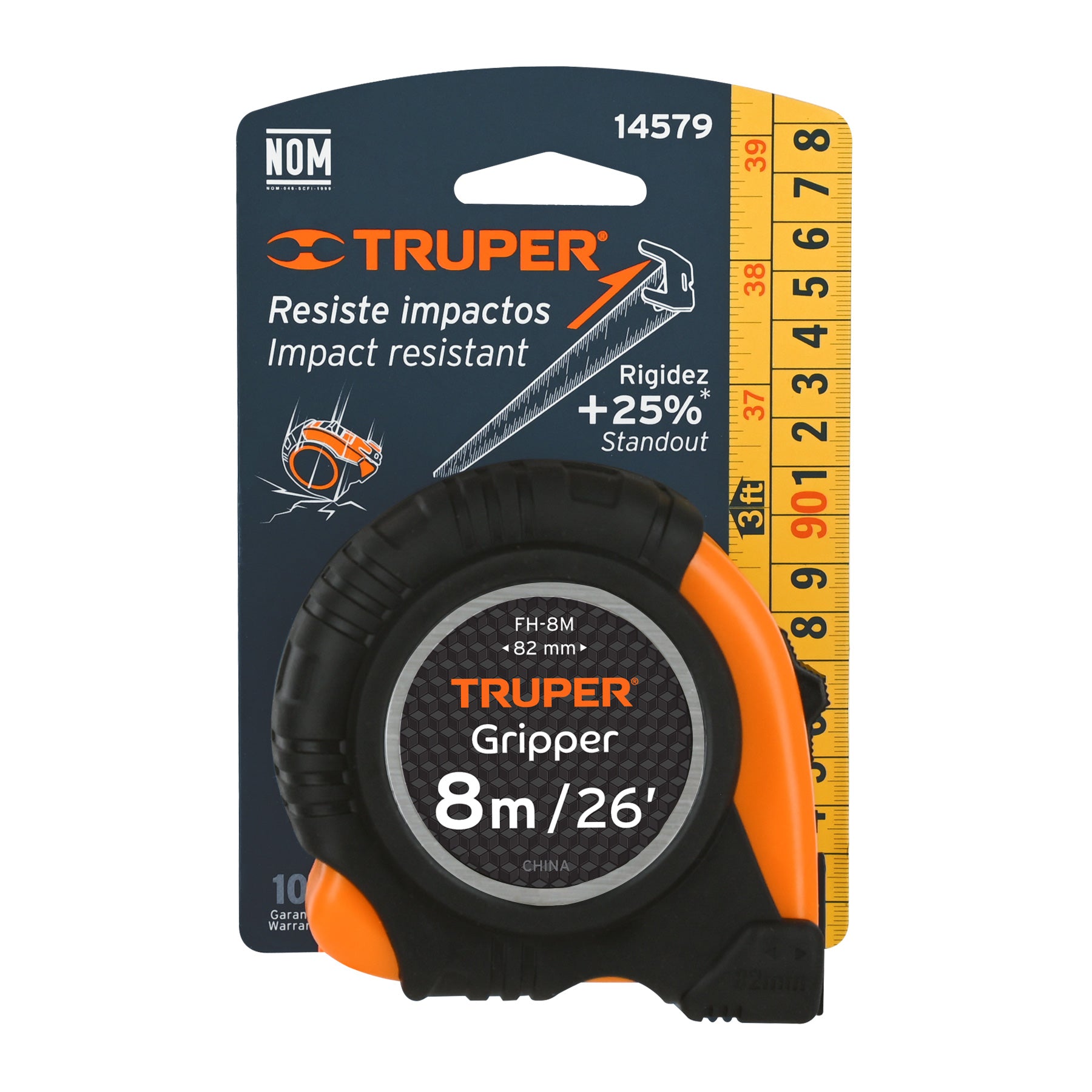 Flexometro gripper contra impactos 8 mts cinta 25 mm FH-8M Truper 14579