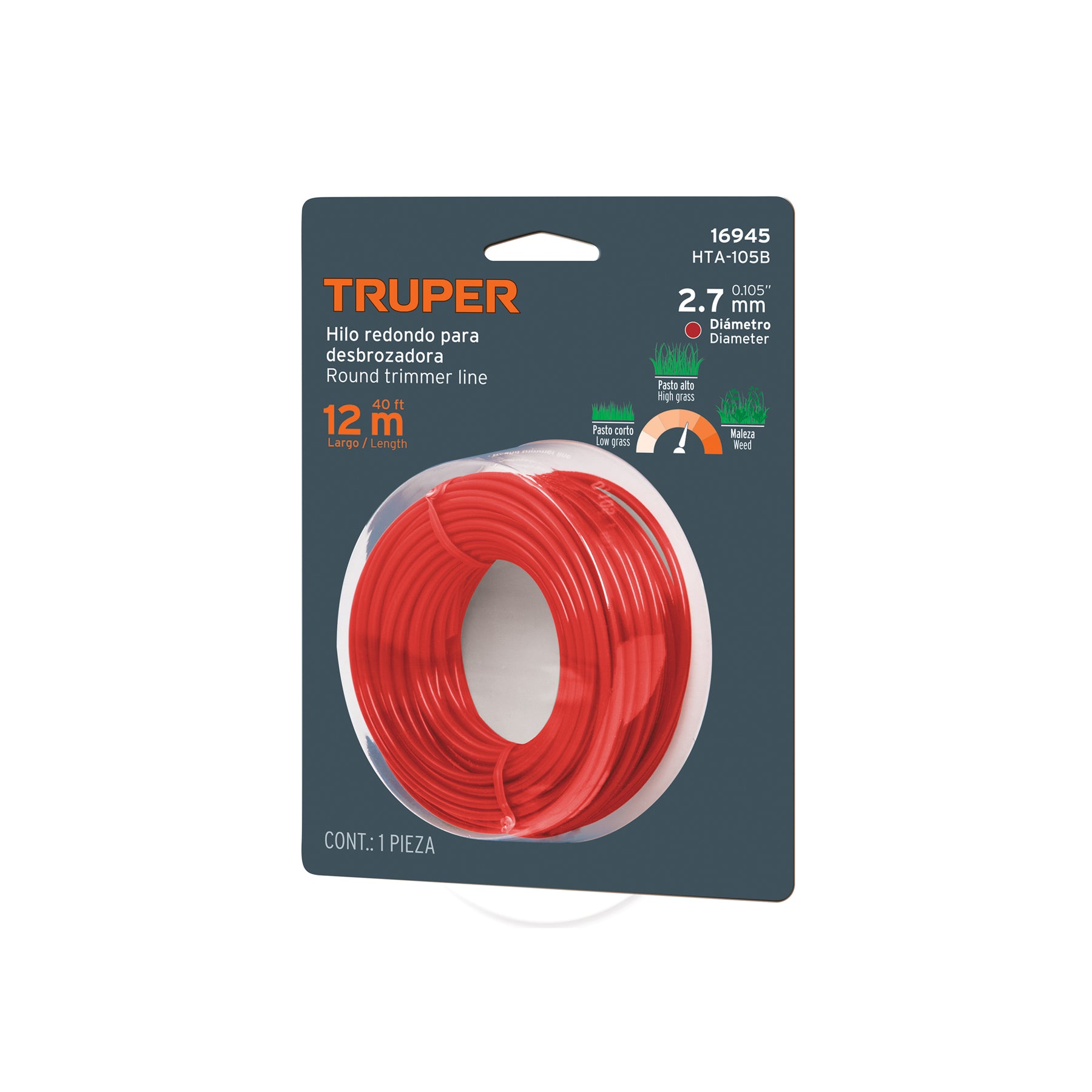 Rollo de hilo para desbrozadora, 2.7 mm x 12 m, HTA-105B Truper 16945