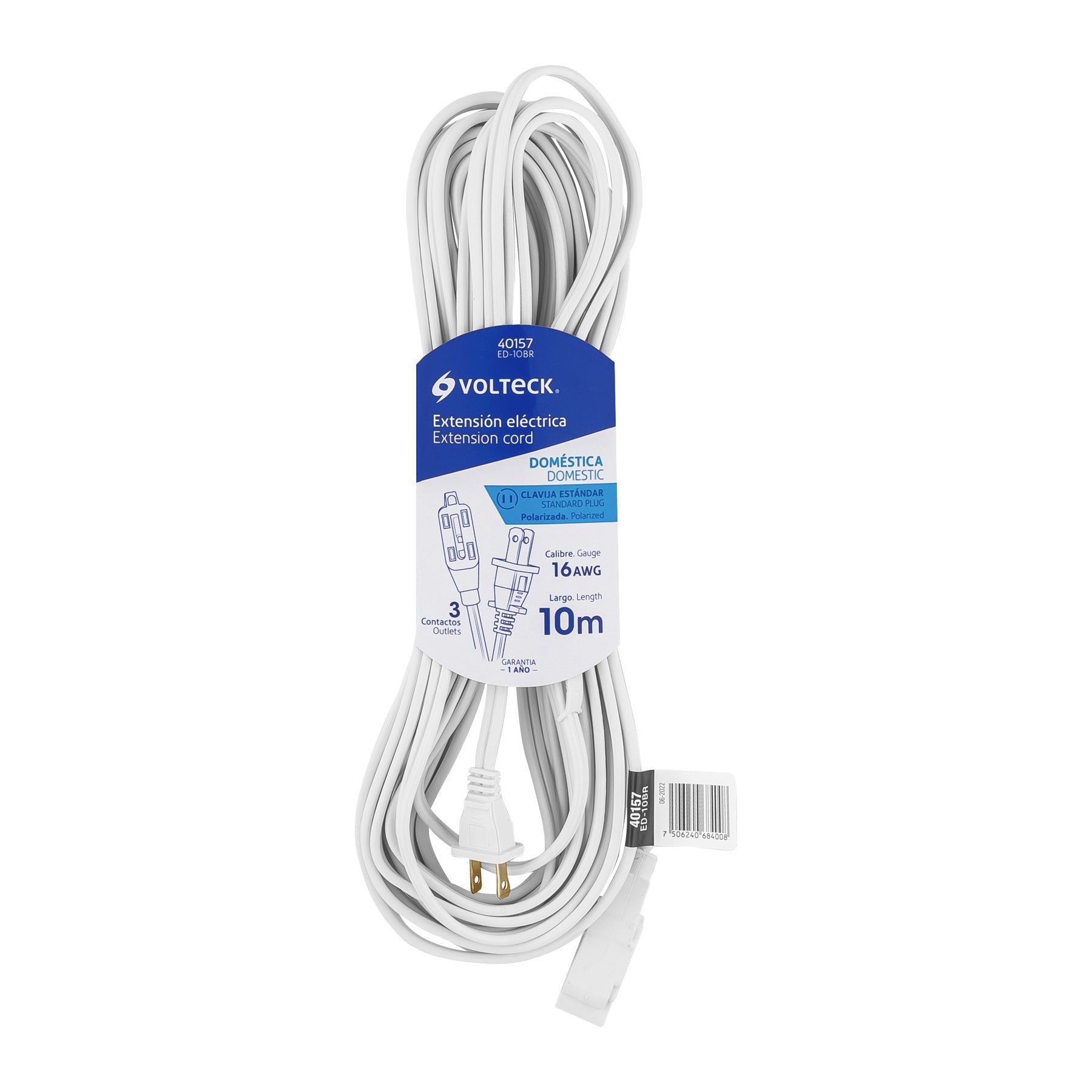 Extension electrica domestica 10 Mts blanca con clavija recta ED-10BR Truper 40157
