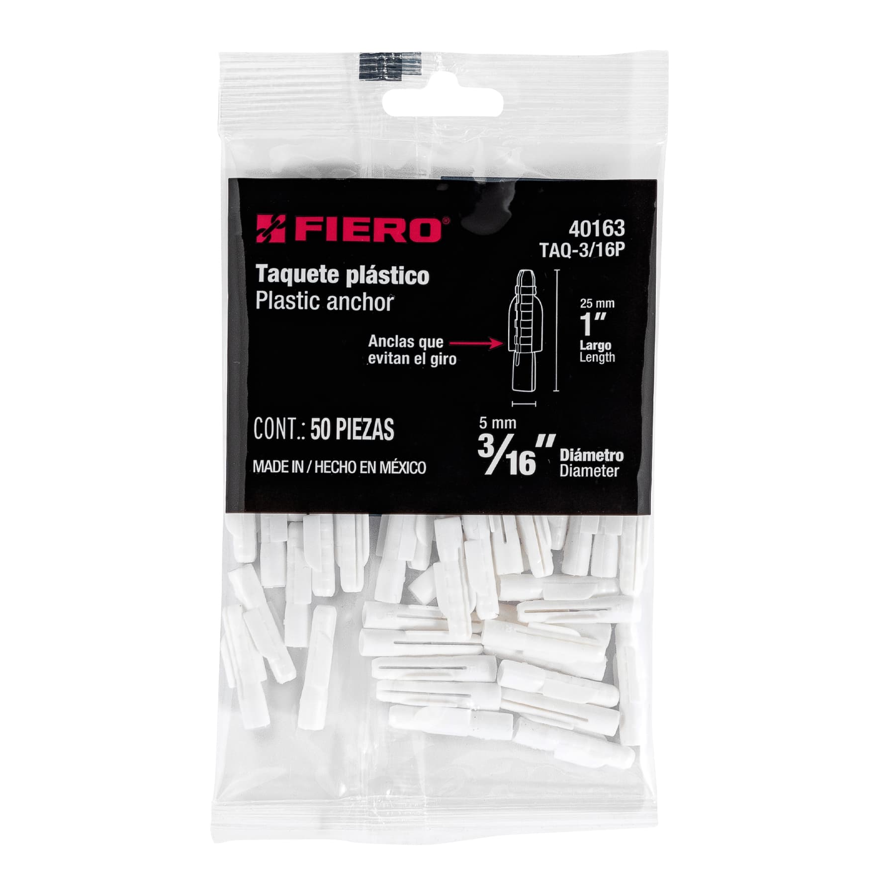 Bolsa de 50 taquetes de plastico Fiero 40163 3/16 TAQ-3/16P