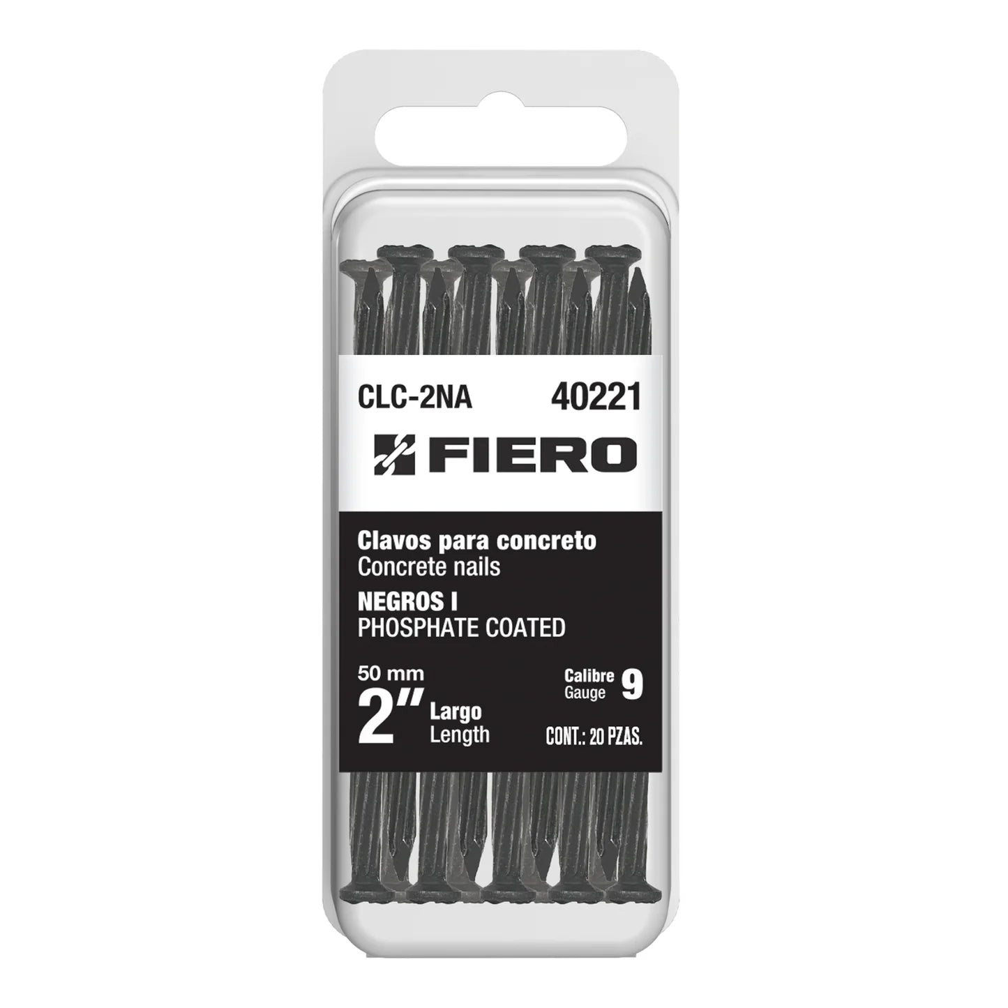 Blíster con 20 clavos negros para concreto 2, Fiero 40221 CLC-2NA