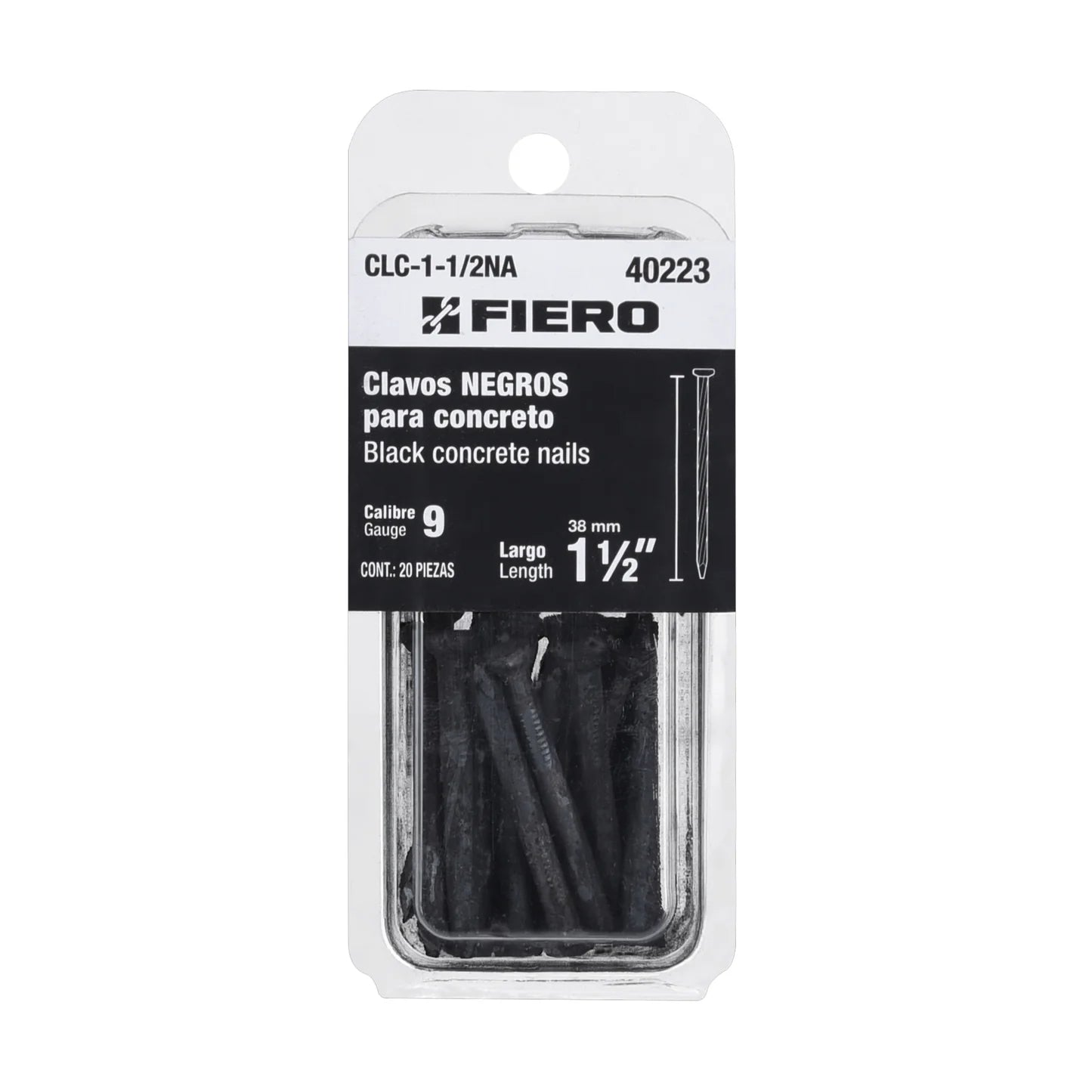Blíster con 20 clavos negros para concreto 1-1/2, Fiero 40223 CLC-1-1/2NA