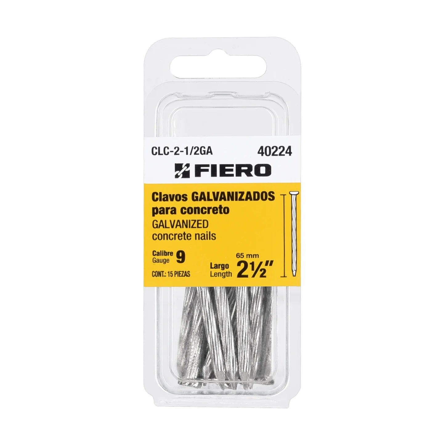 Blíster con 15 clavos galvanizados p/concreto 2-1/2, Fiero 40224 CLC-2-1/2GA