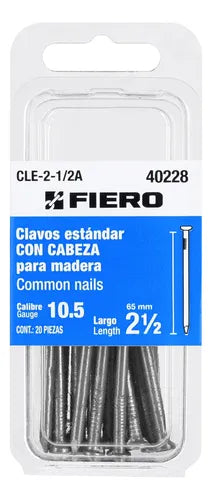 Blíster con 20 clavos estándar 2-1/2 con cabeza, Fiero 40228 CLE-2-1/2A