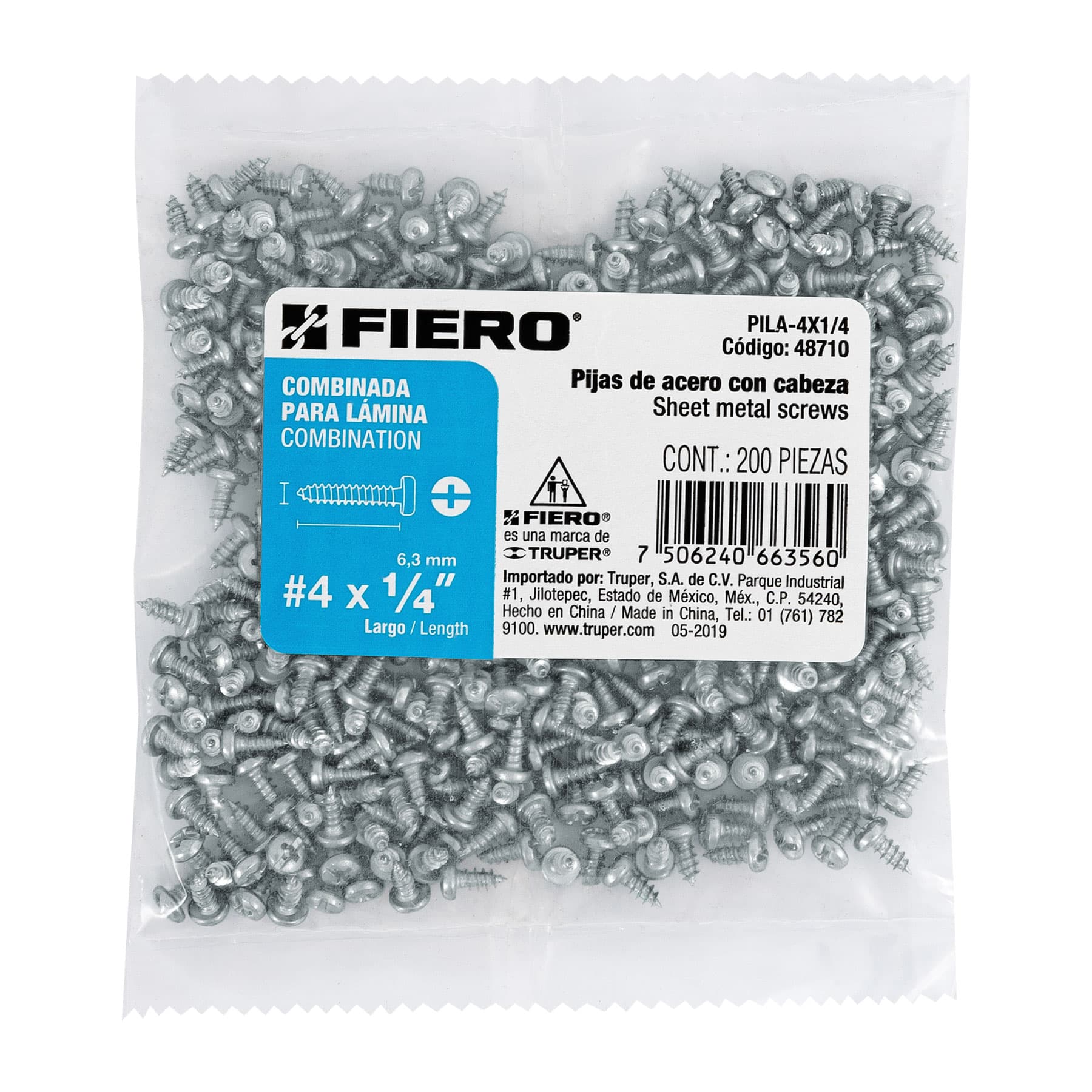 Bolsa con 200 pijas para lámina, #4 x 1/4, Fiero 48710 PILA-4X1/4