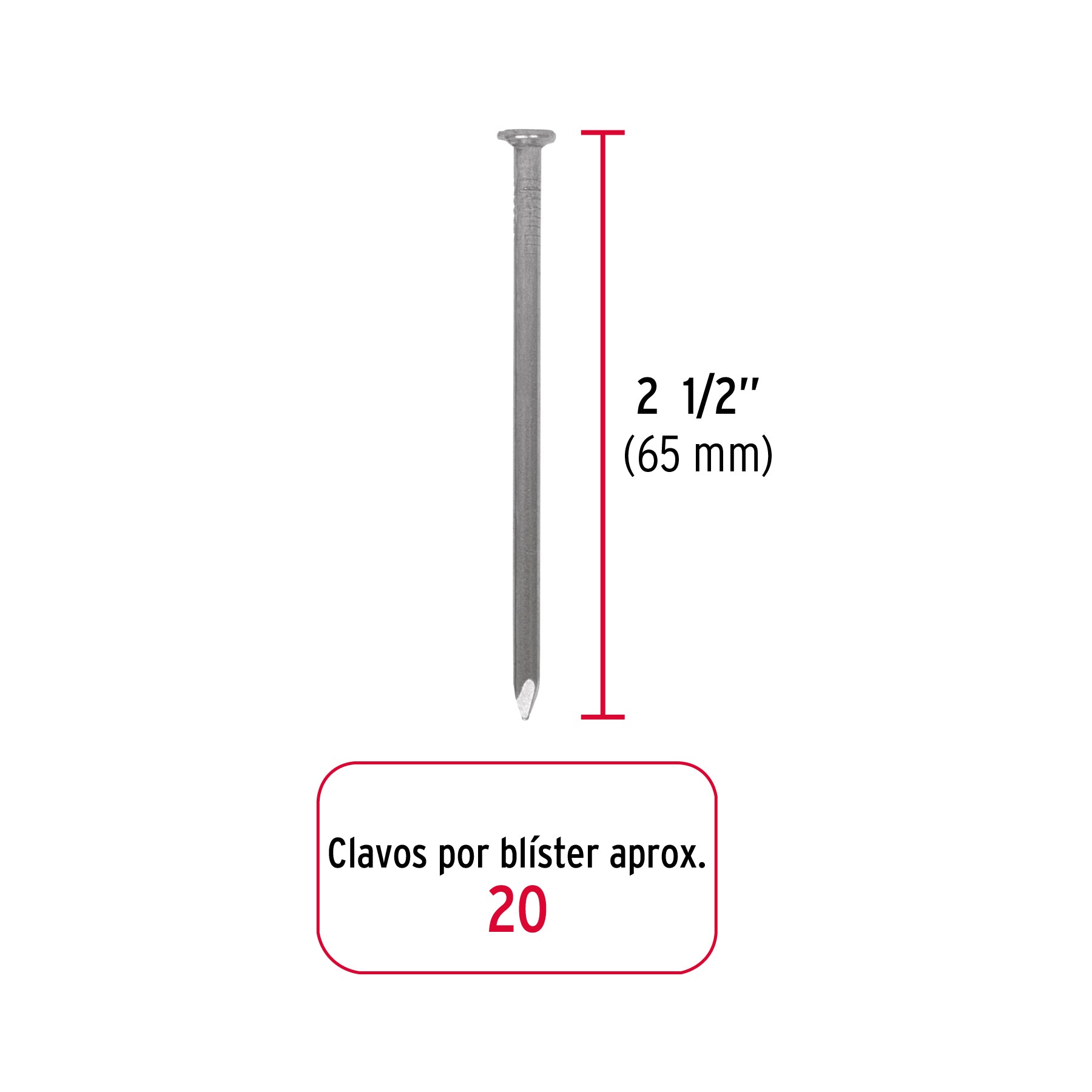 Blíster con 20 clavos estándar 2-1/2 con cabeza, Fiero 40228 CLE-2-1/2A