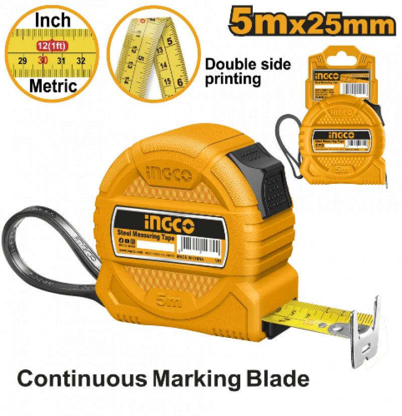 Cinta Métrica Acero 5m x 25mm Métrico y Pulgadas Ingco HSMT39525