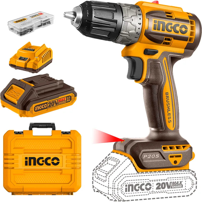 Taladro inalambrico de bateria de litio de 1.5 amp.   potencia 20v , trae dos baterias cargador inteligente Ingco UCDLI20012