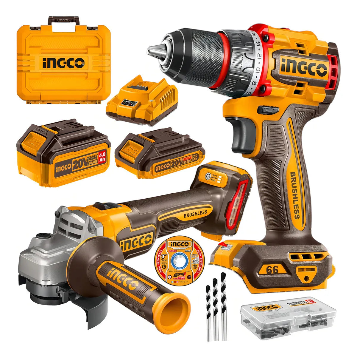 Kit de Emeriladora de 4 1/2 y taladro 2 baterias de 4 amp. Cargador inteligente Maleta  de Lona Ingco UCKLI2009